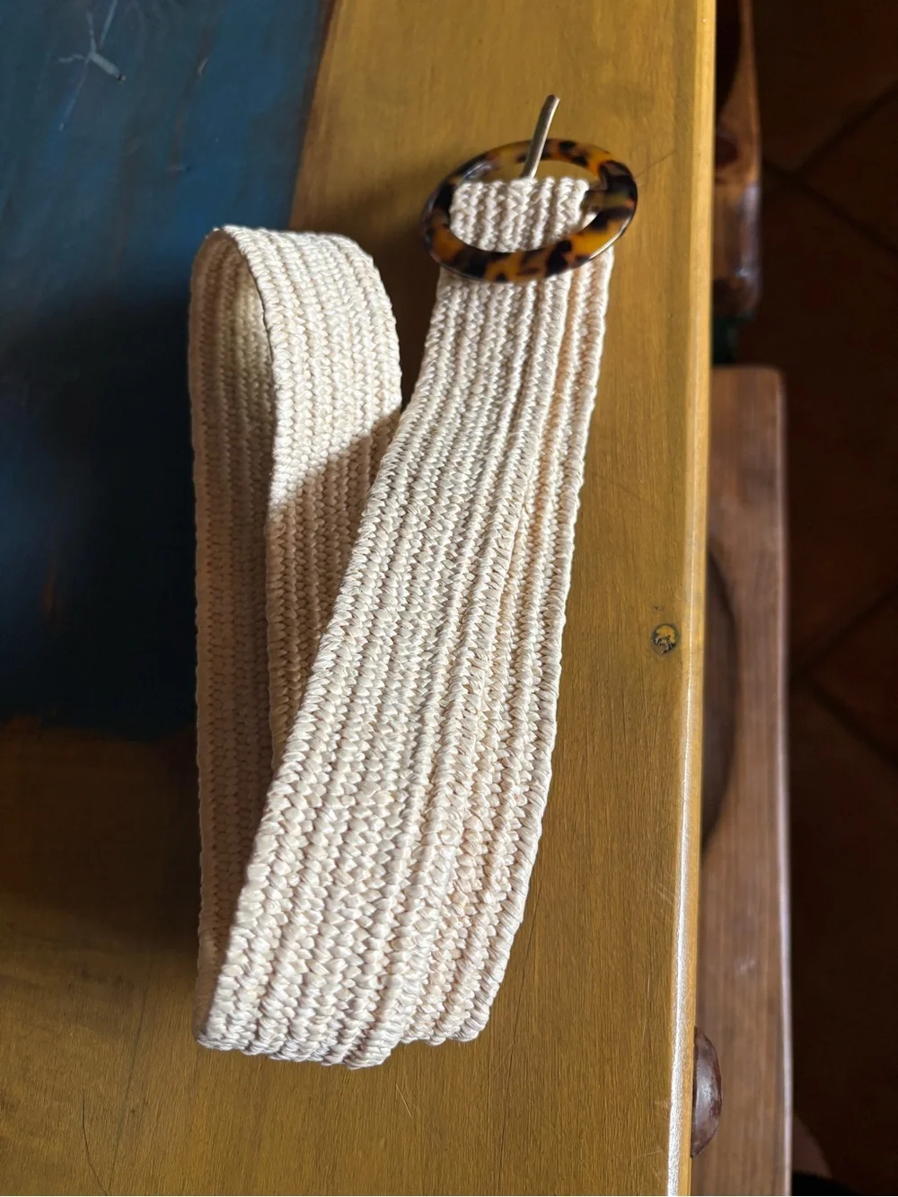 Woven Cream Women’s Belt with Tortoiseshell Ring Buckle